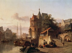 Nederlandse scène: Versterkte gebouwen aan de oevers van een kanaal