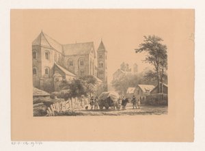 Runderen met wagen voor elfde-eeuwse kerk door Cornelis Springer