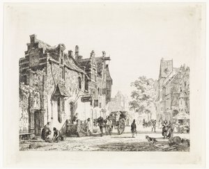 Stadsgezicht met paardenkar door Cornelis Springer