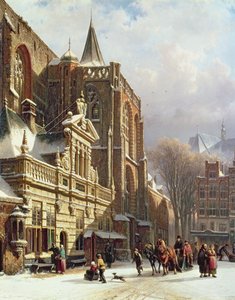 Uitzicht op de Hoofdwacht en de Grote Kerk, Zwolle door Cornelis Springer