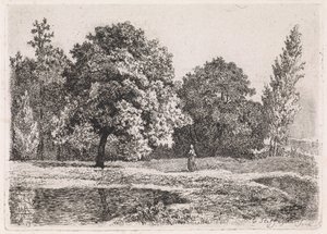 Landschap met bomen, meer en een vrouw door Cornelis Steffelaar