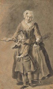 Een vrouw toont een huilende jongen zijn schoen met schakelaars door Cornelis Troost