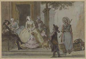 Draailierspeler voor een luisterende familie op de stoep van een stadshuis door Cornelis Troost