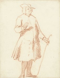 Staande man met wandelstok in de linkerhand