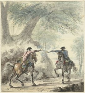 Twee ruiters, elkaar op een bosweg ontmoetend en op elkaar vurend door Cornelis Troost