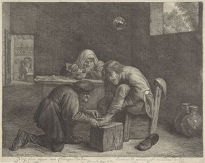 Man bij een arts (Vre, seca, purga, cura Chirurge! dolori) door Cornelis Visscher (II)