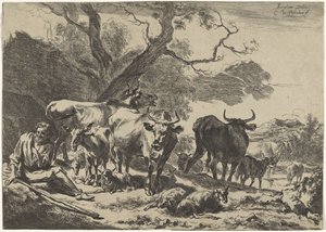 Rustende oude herder met zijn kudde
