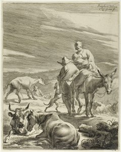 Een moeder en een kind op een ezel, plaat 4 uit Vier landschappen door Cornelis Visscher