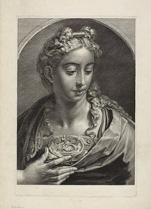 Athena, uit Cabinet Reynst; Variarum imaginum a celeberrimis artificibus pictarum Caelaturae (Cabinet Reynst: gravures van verschillende afbeeldingen geschilderd door beroemde kunstenaars) door Cornelis Visscher