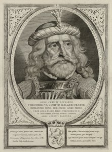 Dirk I, graaf van Holland, in een harnas. De omlijsting is versierd met het wapen van Holland. NL-HlmNHA 1477 53012894 door Cornelis Visscher