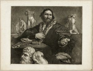 Portret van Andrea Odoni, uit Cabinet Reynst; Variarum imaginum a celeberrimis artificibus pictarum Caelaturae (Cabinet Reynst: Gravures van verschillende afbeeldingen geschilderd door beroemde kunstenaars) door Cornelis Visscher