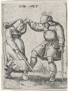 Een man met een verbonden voet die danst met een vrouw, 1572 (gravure op laid papier)
