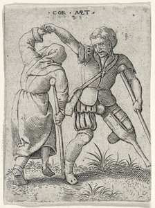 Een man met een houten been die een kreupele vrouw onder zijn arm draait, 1572 (gravure op laid papier)