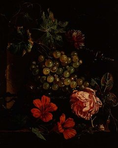 Druiven en bloemen met kever, slak en hagedis