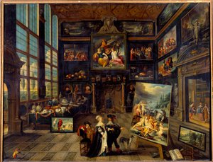 Binnenaanzicht van een galerij van schilderijen en kunstwerken Schilderij door Cornelis de Baellieur (1607-1671) 1637