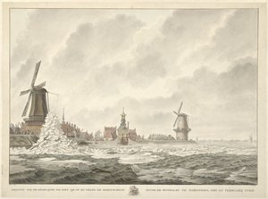 Gezicht van de opkruijing van het ijs, op en tegen de borstwering agter de Runmolen te Gorinchem, den 20.n Februarij 1799 door Cornelis de Jonker