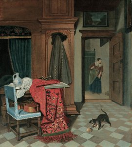 Interieur met een tapijt, een zwaard en een kruik op een tafel, een cello op een stoel, een jas aan een kast, een kat die met een bal speelt, een dienstmeid verderop