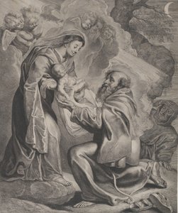 De Visie van Sint Franciscus, knielend rechts, ontvangt het Christuskind van de Maagd door Cornelis de Visscher
