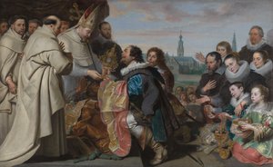 De teruggave van de kerkschatten aan de heilige Norbertus na de nederlaag van de ketter Tankelin, met een portret van de familie Snoeck door Cornelis de Vos