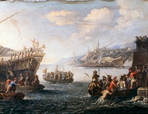 Soldaten die inschepen om tegen de Turken te vechten in de haven van Genua (Schilderij)