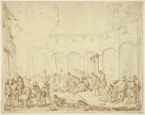 Gewonde soldaten op een binnenplaats op het stadsplein door Cornelis de Wael