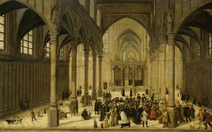 Kerkinterieur met Christus die predikt voor een gemeente