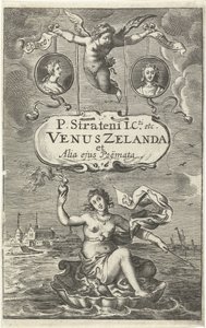 Venus op schelp met brandend hart en pijl drijft voor kust van Zeeland, daarboven twee medaillons met portretten van Cloës en Blondae en cartouche met titel vastgehouden door Amor