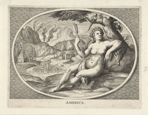 Vrouwelijke personificatie van werelddeel Amerika als vrouw met hoofdtooi van veren en pijl in landschap