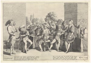 Edellieden rond een rijk gedekte tafel