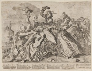 Zeven vrouwen vechten om een broek van een man door Cornelis van Kittensteyn