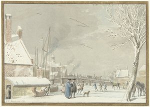 Bevroren stadsgracht met schaatsers door Cornelis van Noorde