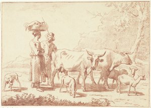 Herder en een vrouw met koeien en schapen