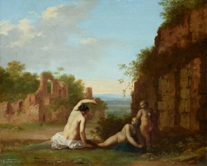 Romeins landschap met nimfen door Cornelis van Poelenburch