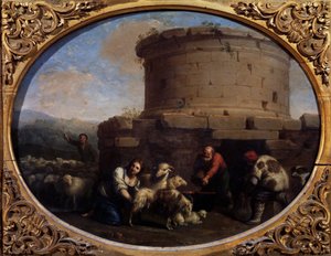 Herders, kuddes en boeren bij een fontein in Rome door Cornelis van Poelenburgh