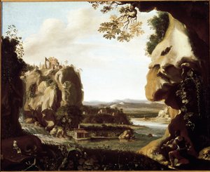 Orpheus speelt viool bij de ingang van de hel