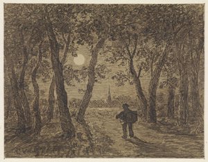 Man wandelend uit een bos bij maanlicht door Cornelis van der Griendt