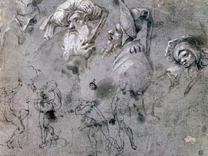 Studie met hoofden met uitdrukkingen, ca. 1468-1533 door Cornelius Engebrechtsz