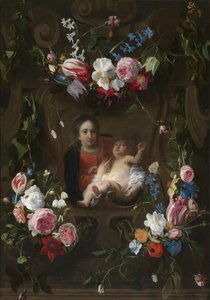 Madonna omringd door een bloemenkrans