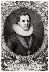 Portret van James I, koning van Groot-Brittannië, gegraveerd door R.White, 1669 door Cornelius I after Johnson