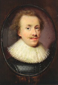 Een heer in zwart met kanten kraag door Cornelius I attr.to Johnson