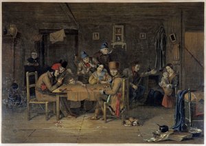 Franse kolonisten in Canada die kaarten spelen - schilderij door Krieghoff door Cornelius Krieghoff