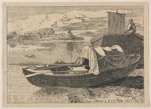 Boten op een rivier, molen in de verte, 1809 door Cornelius Varley