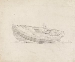 Studie van afgemeerde boot met zittend figuur