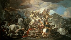 De legendarische slag bij Clavijo, waarin de Asturische koning Ramiro I (791-850) de moslims versloeg met de hulp van de apostel St. Jacobus in 845, schets naar het schilderij in de koepel van het Koninklijk Paleis in Madrid