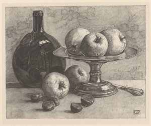 Stilleven met een fles, een schaal, appels, kastanjes en een mes door Corrie Pabst