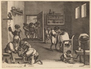 De Kapperszaak van de Apen door Coryn Boel after David Teniers the Younger