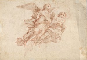 Twee engelen vliegend, verso: God de Vader zittend in de wolken en een schets van een vliegende figuur, ca. 1720 door Cosmas Damian Asam