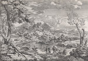 Landschap met een man die Mercurius de adelaar van Jupiter toont, ca. 1695-99 door Crescenzio Onofri