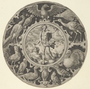 Aer in een decoratieve rand met vogels, uit een serie cirkelvormige ontwerpen met de F...