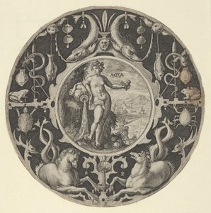 Aqua in een decoratieve rand met zeedieren, uit een serie cirkelvormige ontwerpen, 1590-1612